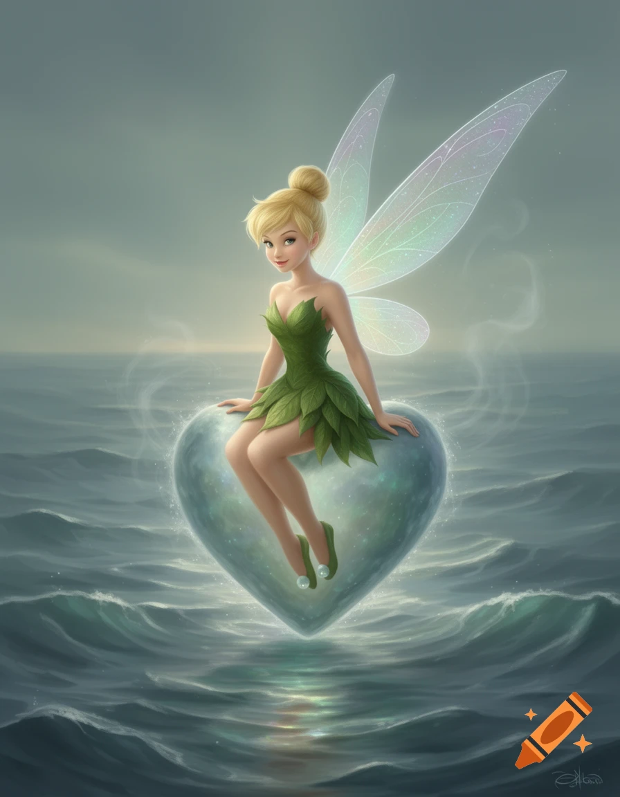 Tinkerbell, a blonde fairy in a green leaf dress, sits on a glowing heart-shaped object floating on wavy ocean water.