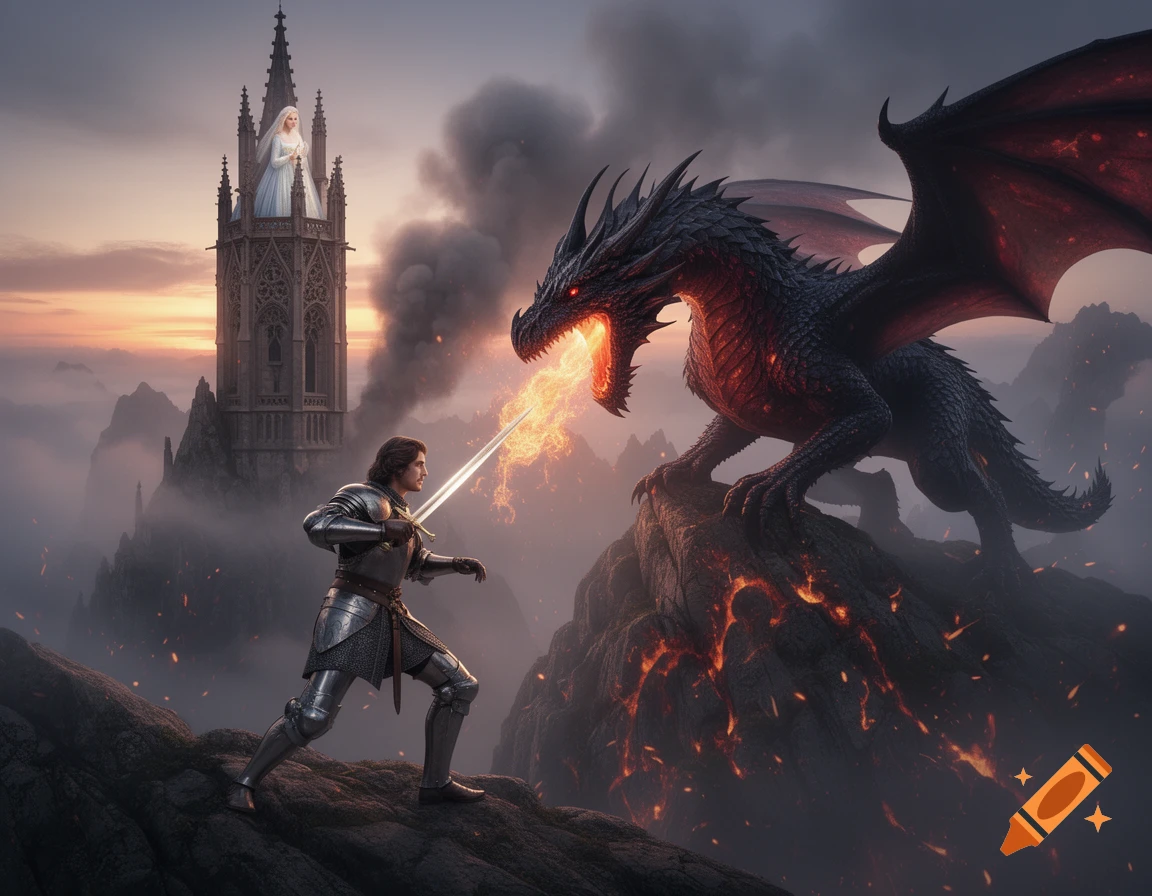 A knight in shining armor battles a fire-breathing dragon on a rocky peak, with a princess in a gothic tower in the background at sunset.