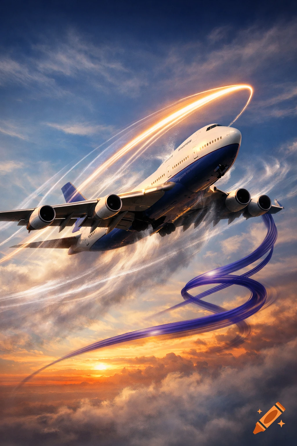 A large white and blue airplane soars through a sunset sky, surrounded by glowing orange and blue light trails.