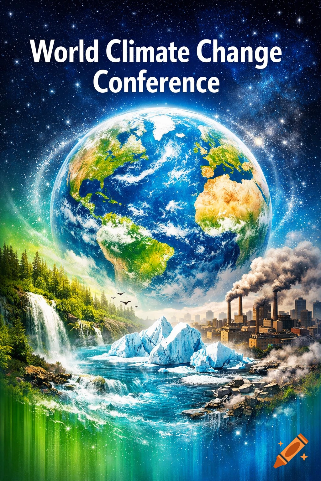 A vibrant poster for the "World Climate Change Conference" showing Earth above a landscape with waterfalls, forests, melting icebergs, and polluting factories under a starry sky.