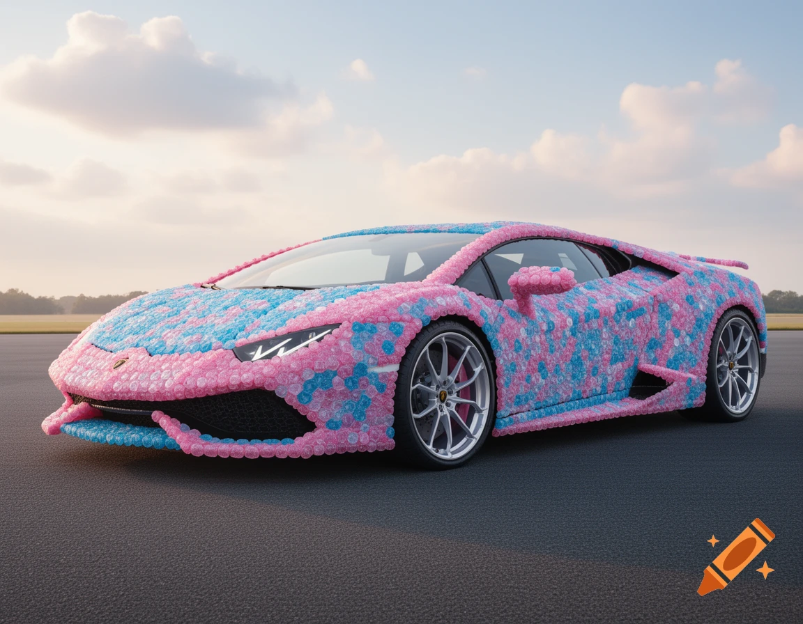 A luxury Lamborghini car covered in a pattern of pink and blue gumdrop candies, parked on an asphalt road with a cloudy sky overhead.