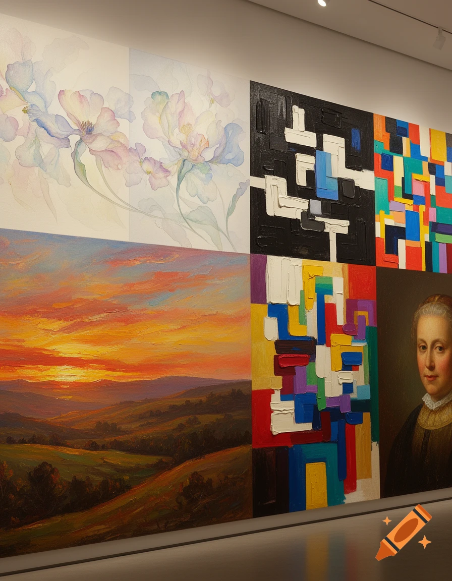 A wall in an art gallery displaying six diverse paintings: a watercolor floral, an impressionistic sunset landscape, three vibrant abstract pieces, and a classical portrait.