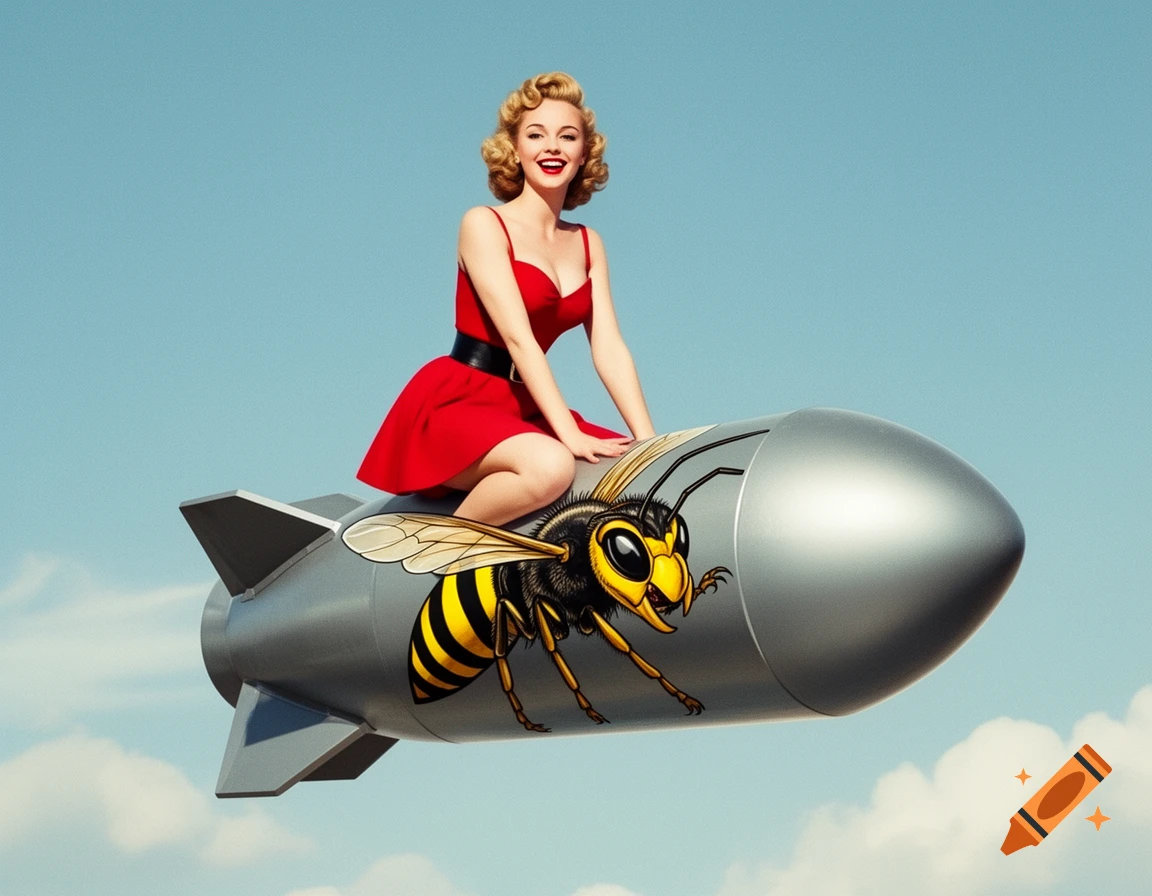 A 50s-style pinup girl in a red dress rides a silver bomb with a yellow and black wasp caricature painted on it against a blue sky.