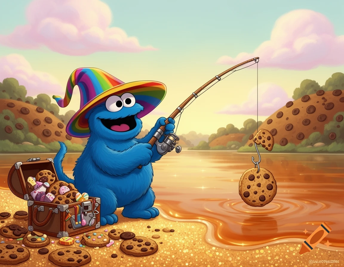 Cookie Monster in a rainbow wizard hat fishes for cookies by a cookie-filled river, with hills made of cookies.