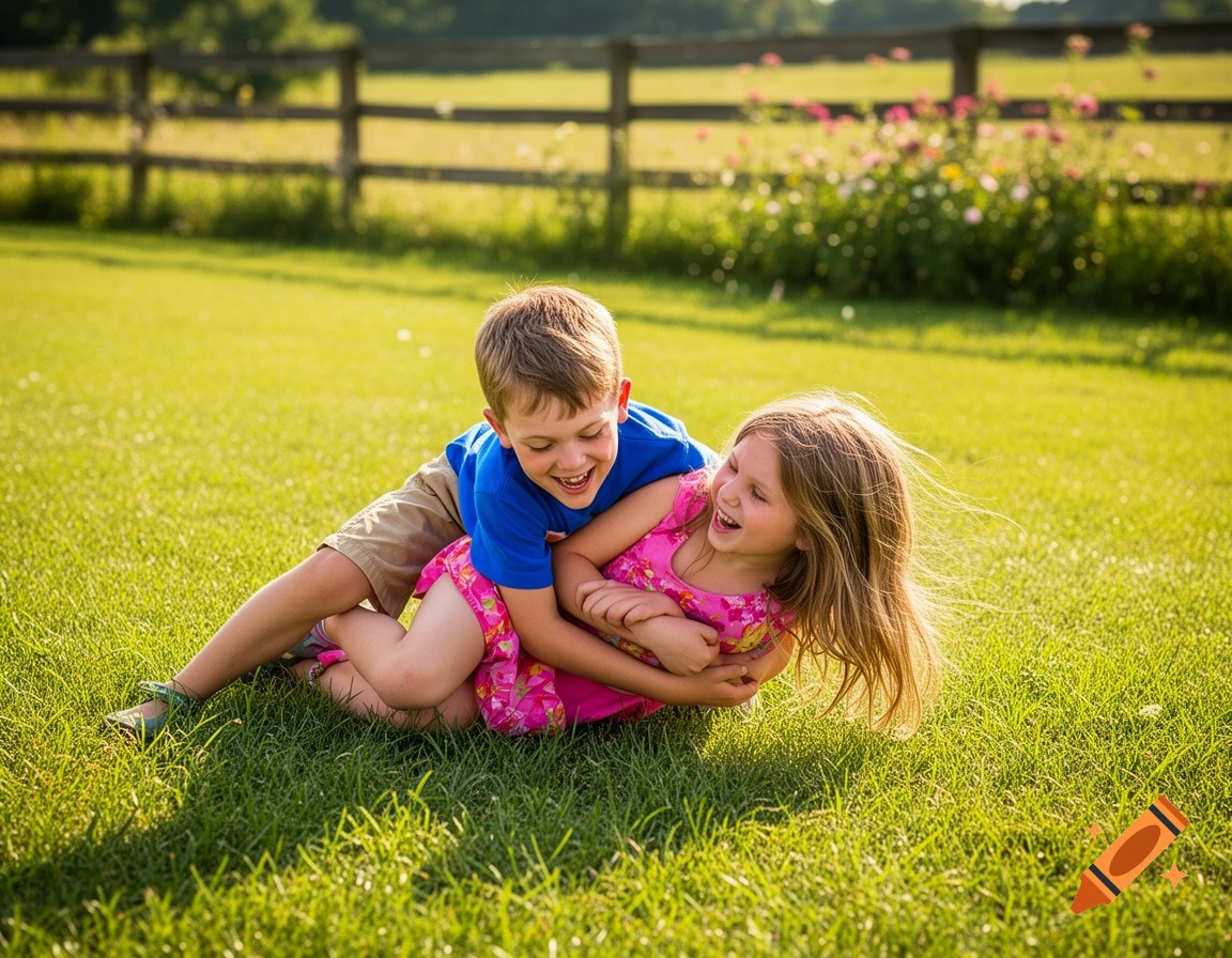 Two happy young children, a boy and a girl, laugh while playfully wrestling on a grassy field on a sunny day.