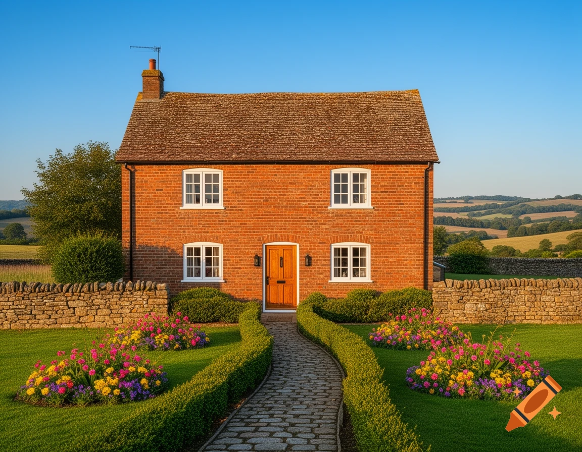 A red brick cottage with a stone path, green lawn, and colorful flower beds, set against rolling hills under a blue sky.