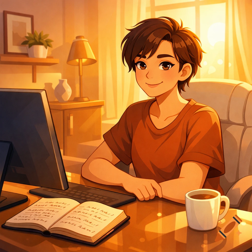 A smiling person with short brown hair sits at a desk with a computer, an open notebook, and coffee, in a warm, sunny cartoon style.