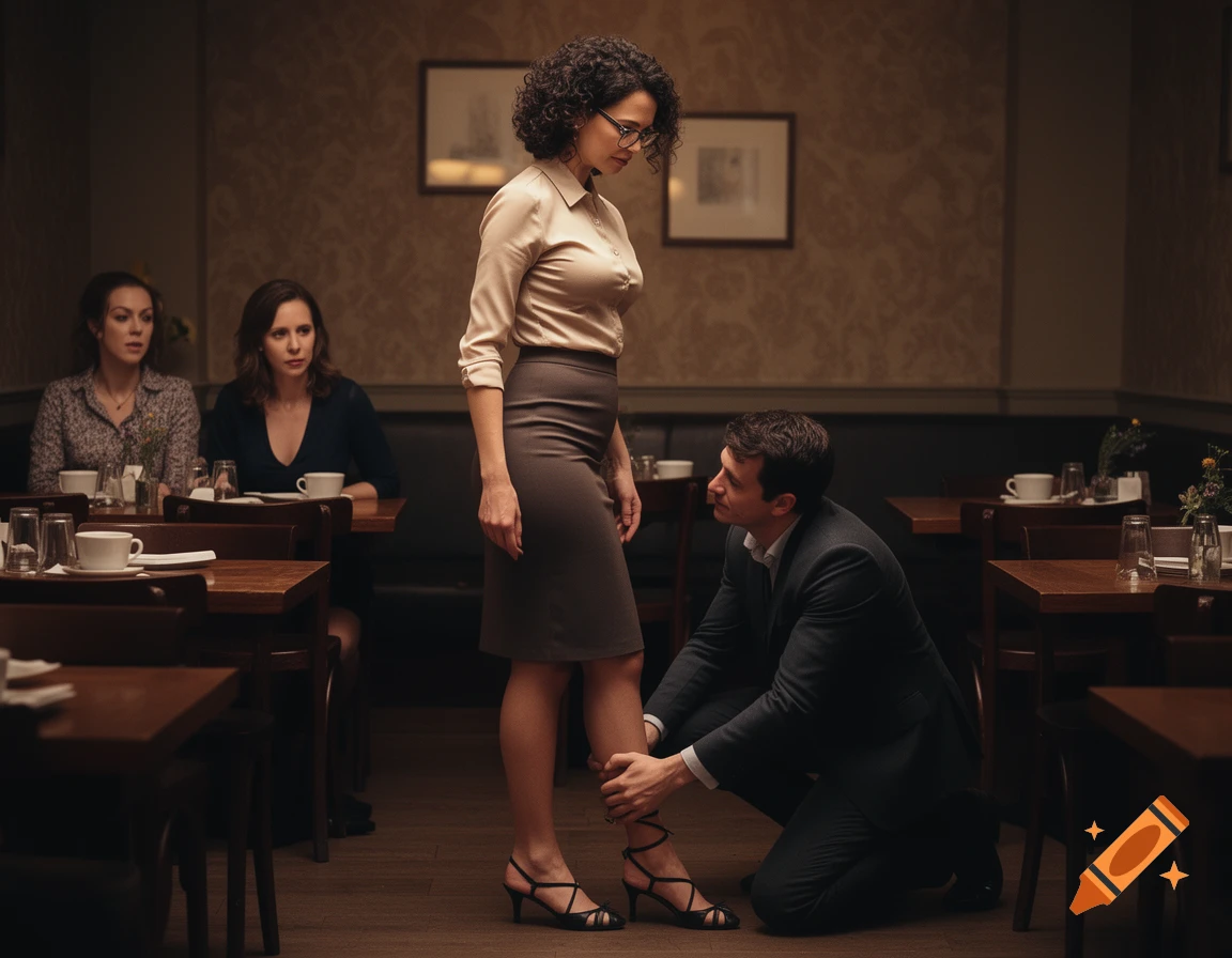 A man kneels at the feet of a standing woman in a dimly lit restaurant, while two other women watch from a nearby table.