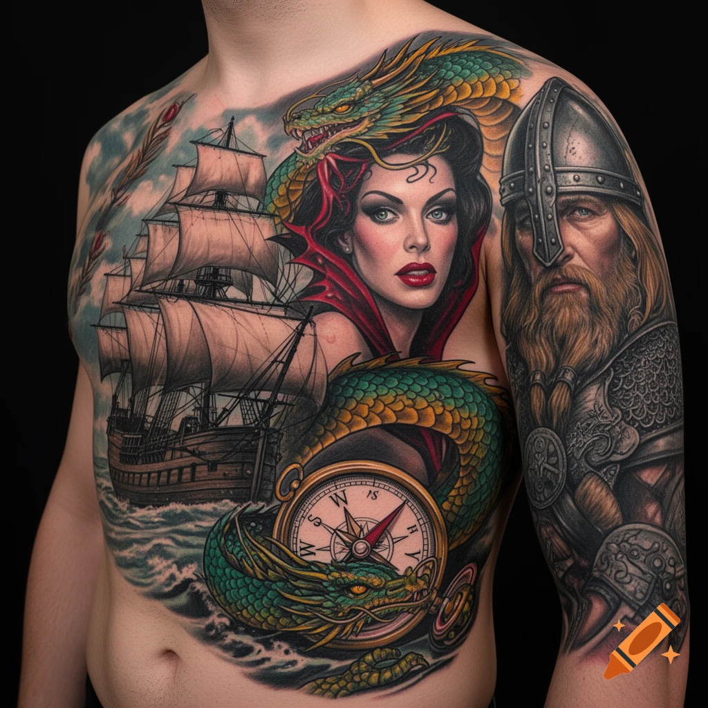 Detailed full-chest tattoo featuring a sailing ship on waves, a green dragon, a compass, a vampire woman, and a Viking warrior.