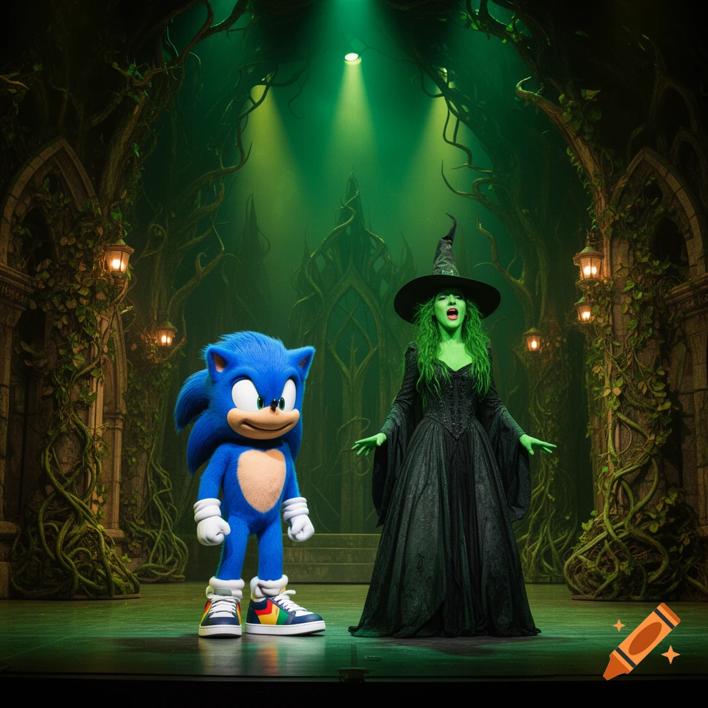Sonic the Hedgehog stands smiling next to Elphaba, the Wicked Witch of the West, on a green, vine-covered stage.