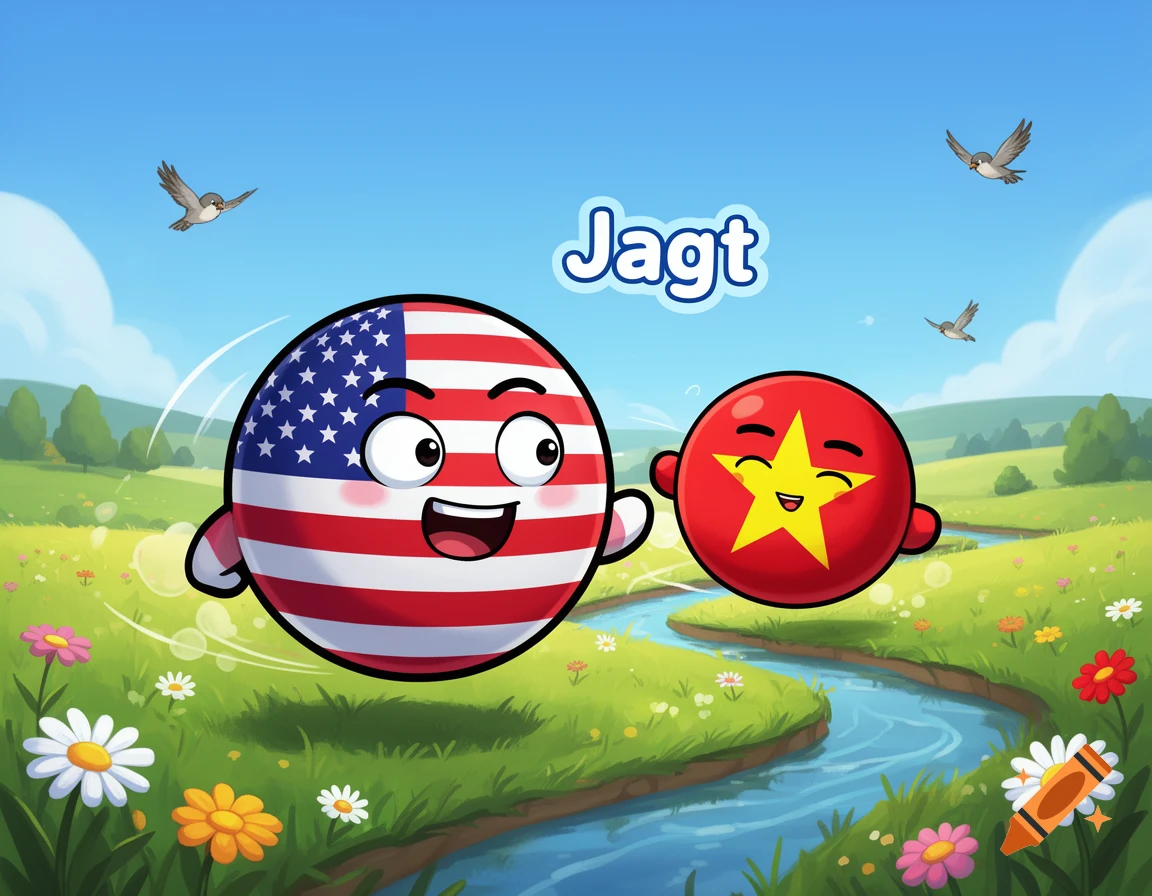 Cartoon USA countryball and Vietnam countryball in a sunny green landscape with a river and birds, 'Jagt' in the sky.