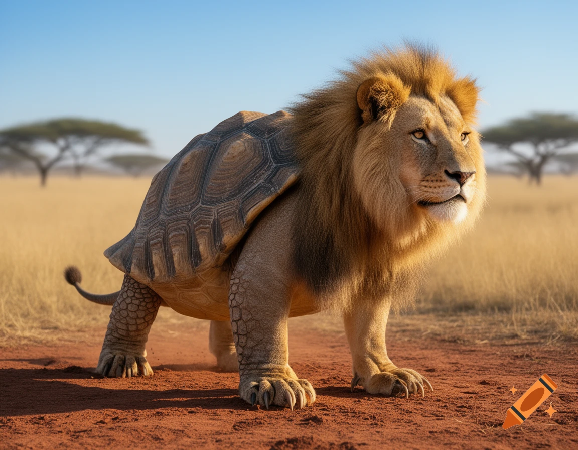 Photorealistic lion with a tortoise shell body and tortoise legs stands in a sunny savanna.