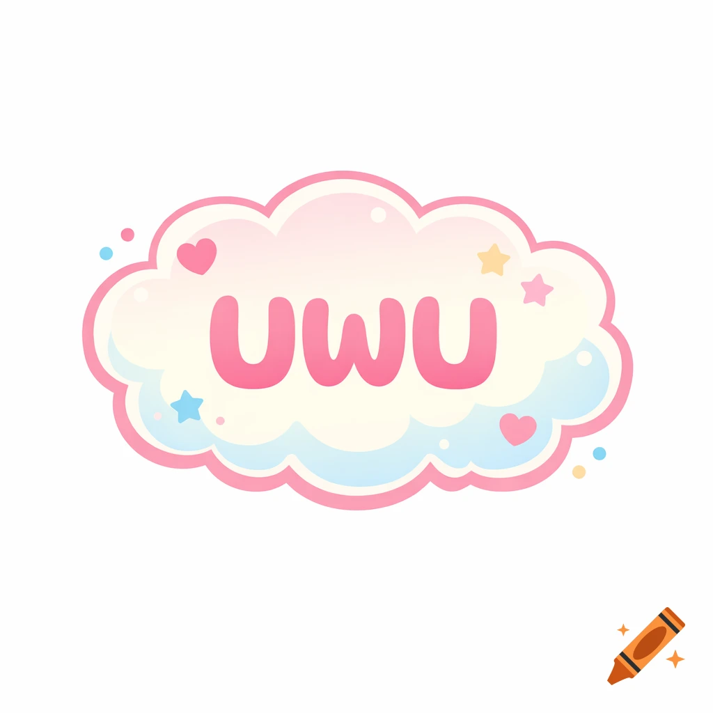 A pastel pink, blue, and yellow cloud with the text 'UWU' in pink, surrounded by small hearts and stars in a cute, cartoon style.