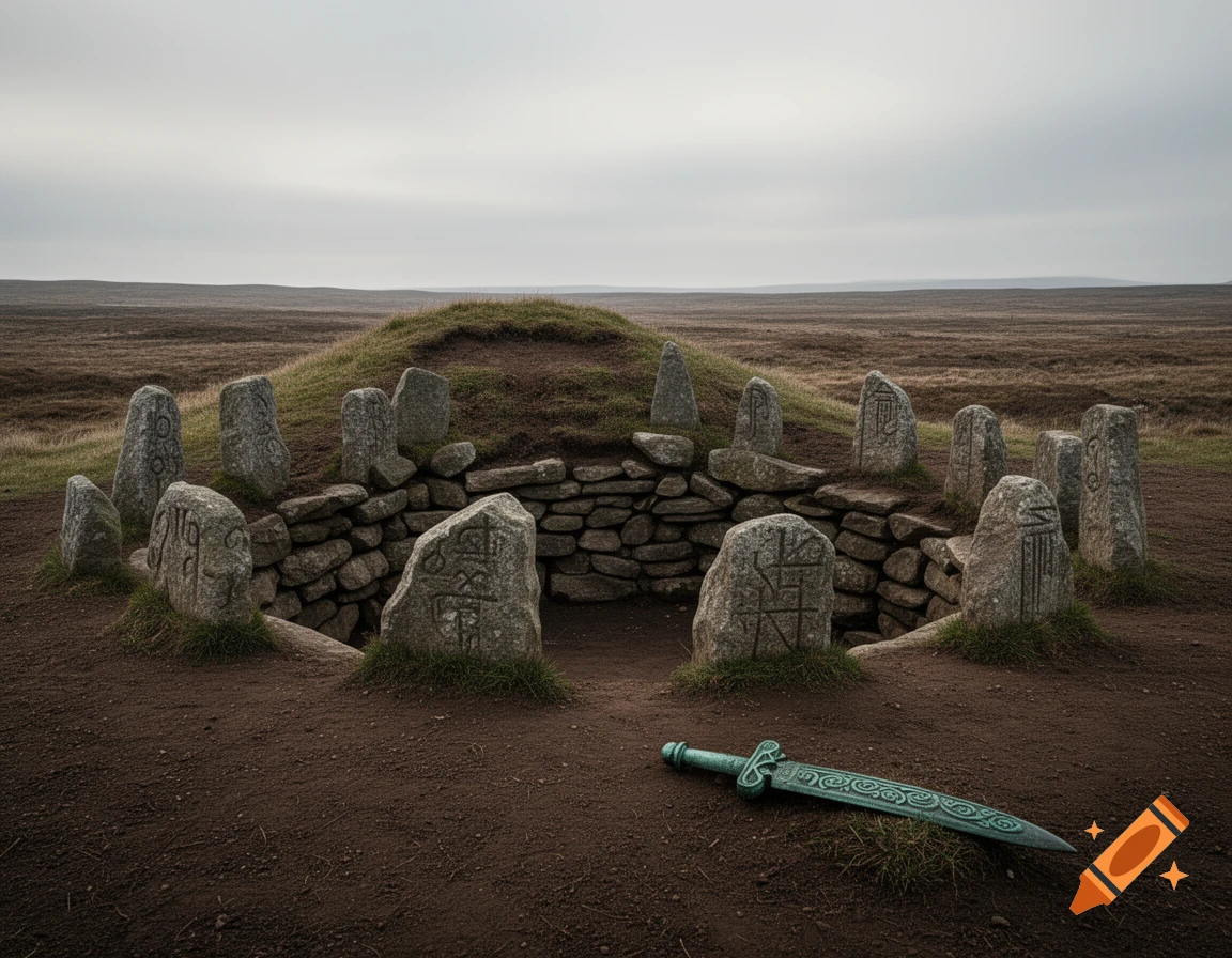 An ancient stone circle burial mound with a green, ornate sword lying in the dirt in the foreground, under a cloudy sky.