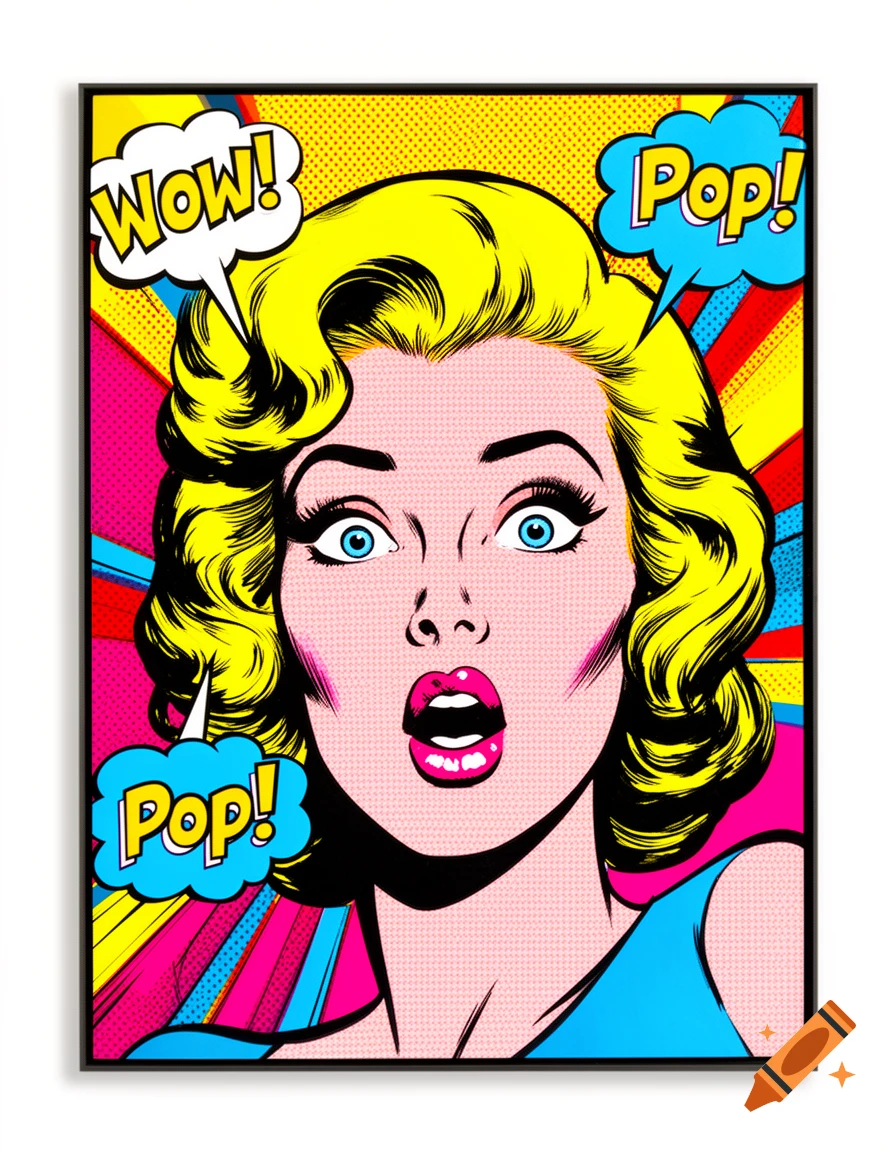 Vibrant pop art portrait of a surprised blonde woman with blue eyes, mouth open, and speech bubbles saying 'WOW!' and 'Pop!'