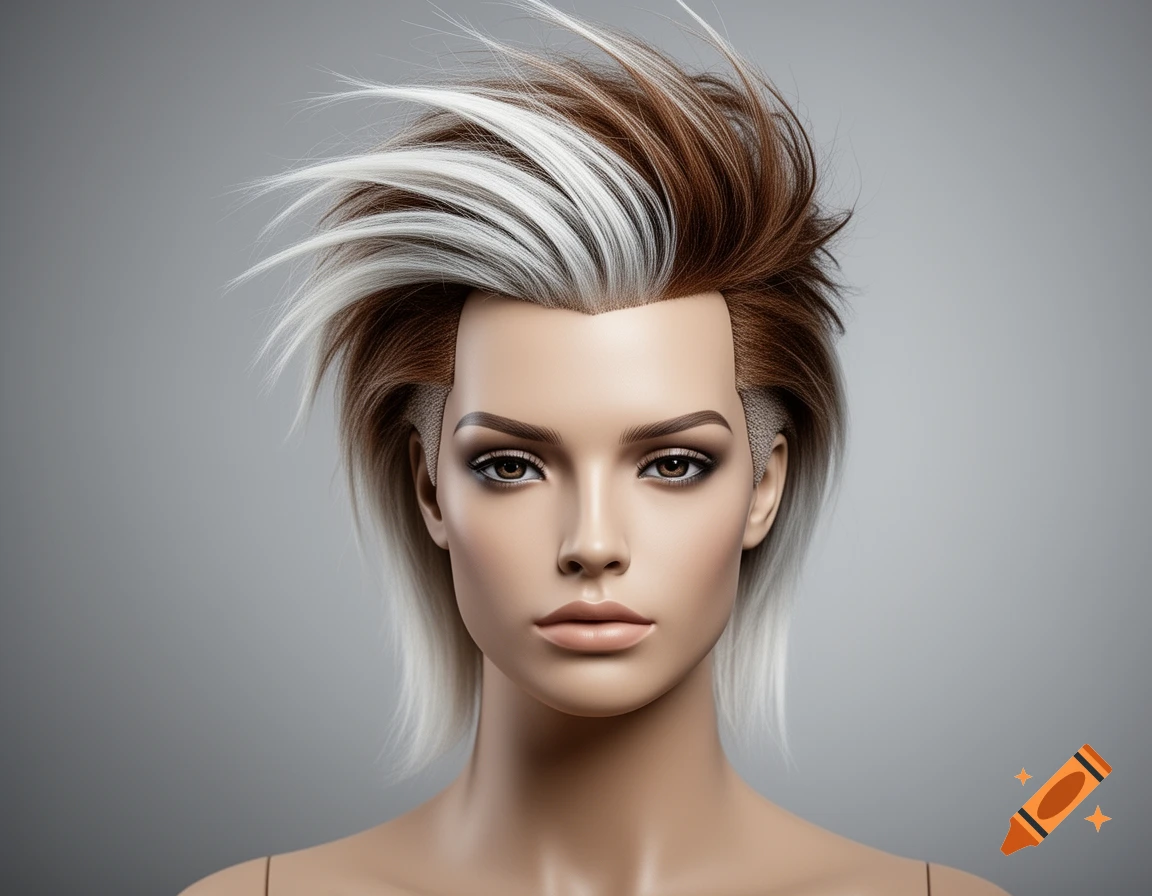 Front view of a realistic mannequin head with spiky brown and white hair, short on the sides, against a gray background.