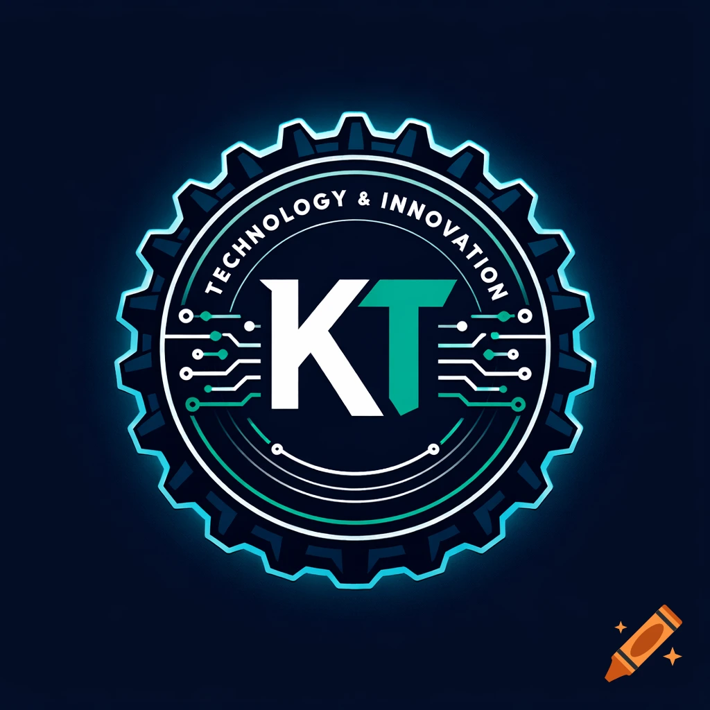 Minimalist tech company logo with KT monogram, 'TECHNOLOGY & INNOVATION' text, circuit board elements, and a teal glow.