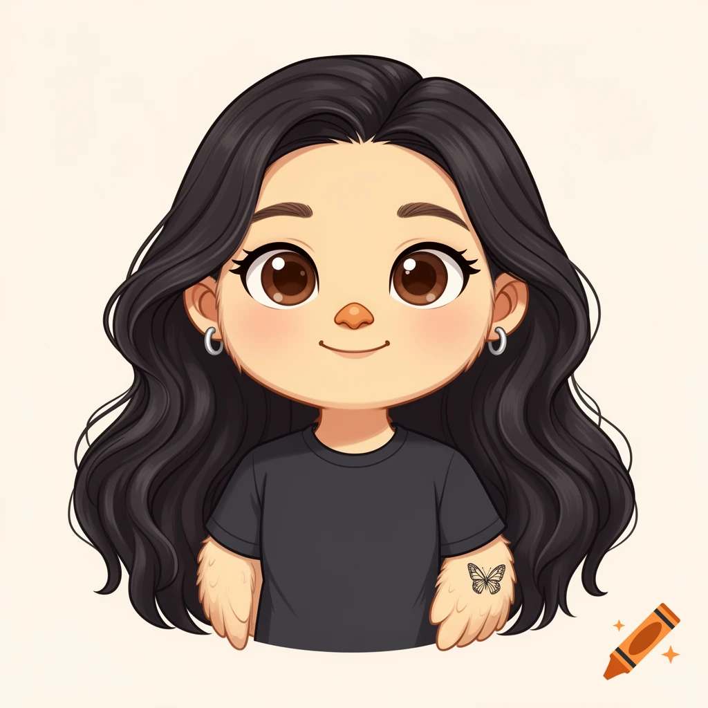 Cute cartoon character with long dark wavy hair, brown eyes, hoop earrings, dark t-shirt, and a butterfly tattoo on arm.