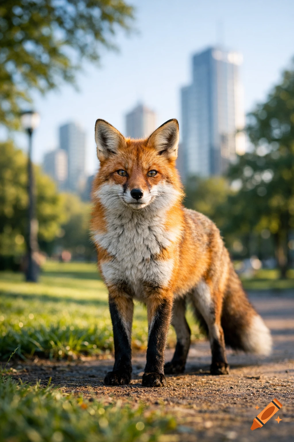 A photorealistic red fox stands on a path in a sunny urban park, looking forward, with city buildings blurred in the background.