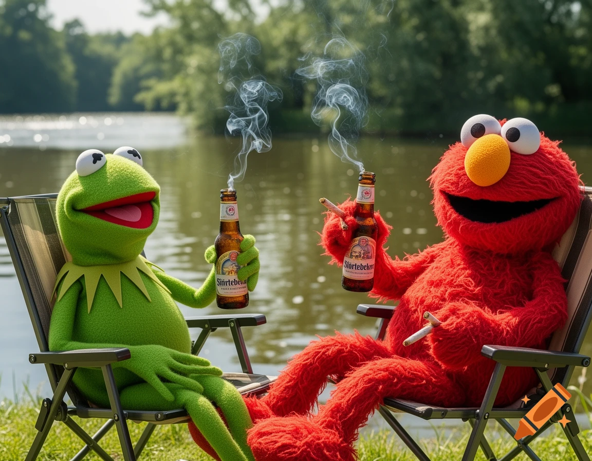 Kermit the Frog and Elmo relax in folding chairs by a lake, holding beers and smoking joints in a humorous, photorealistic scene.