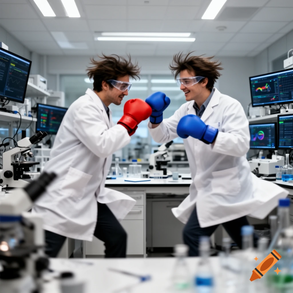 Two scientists in lab coats and safety goggles, with messy hair, wearing red and blue boxing gloves, sparring in a laboratory.