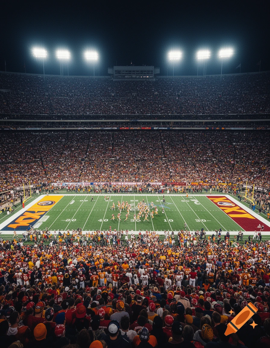 An aerial view of a crowded football stadium at night during a game, with bright floodlights illuminating the field.