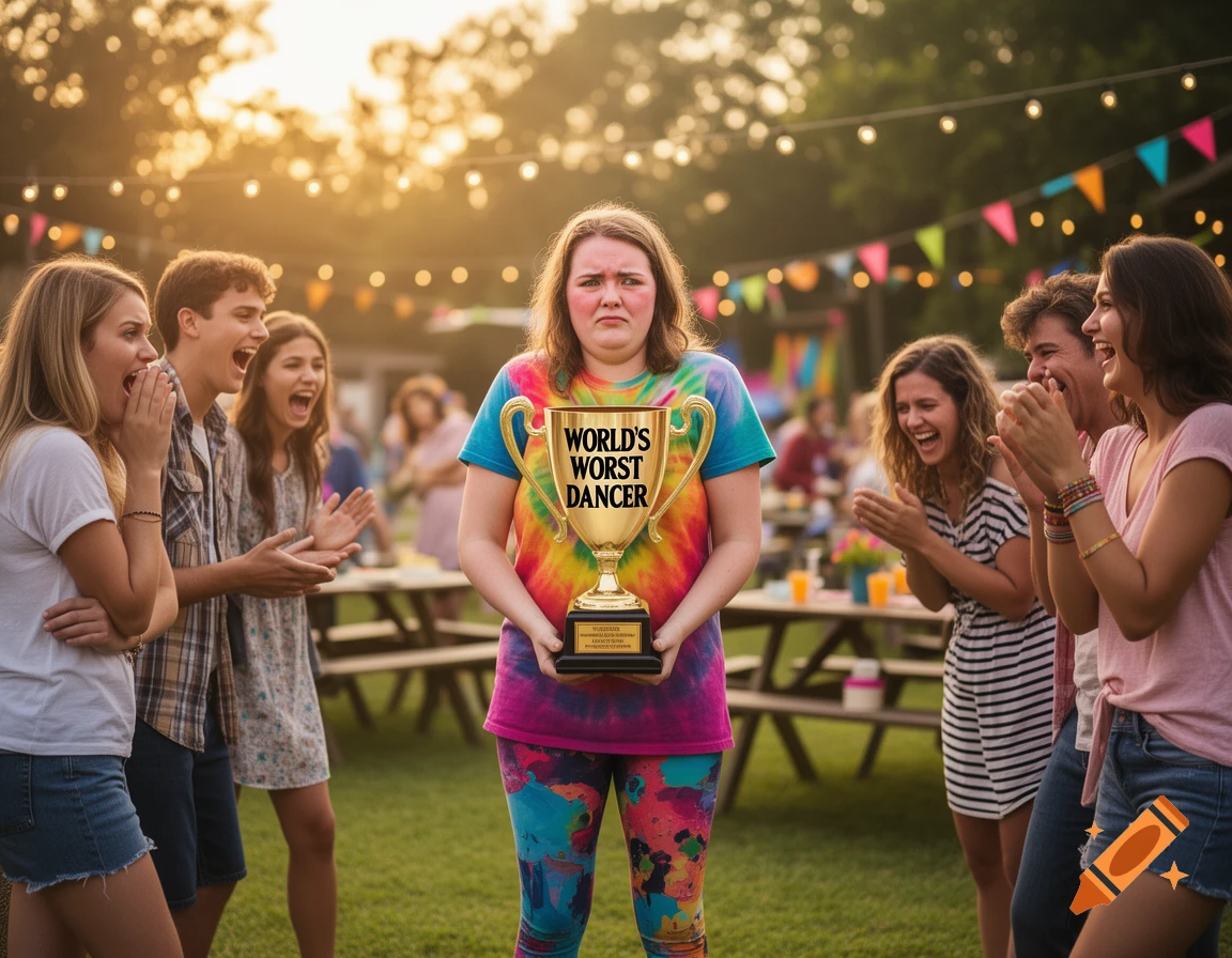 A young woman at an outdoor party holds a "World's Worst Dancer" trophy, looking upset as friends laugh around her, photorealistic.