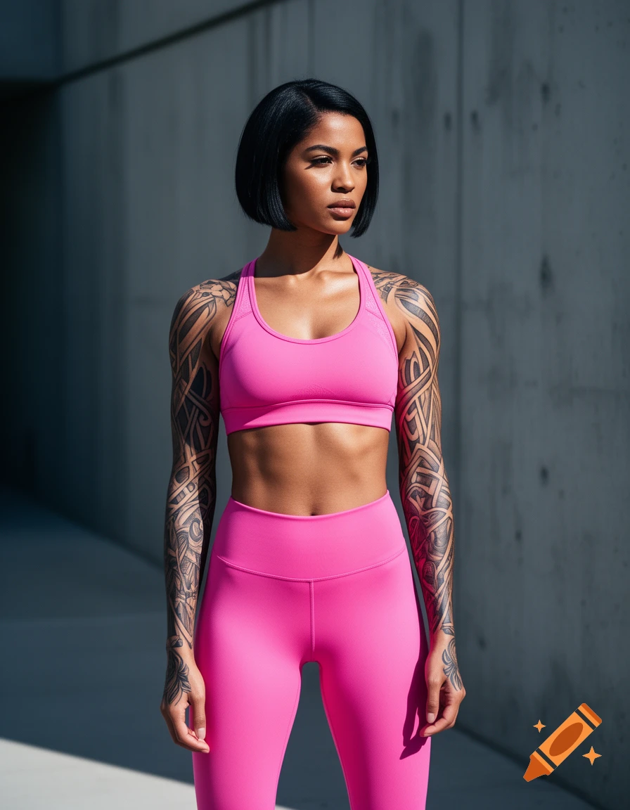 A dark-haired woman with short hair and full arm tattoos wears a pink sports bra and matching leggings, standing against a concrete wall.