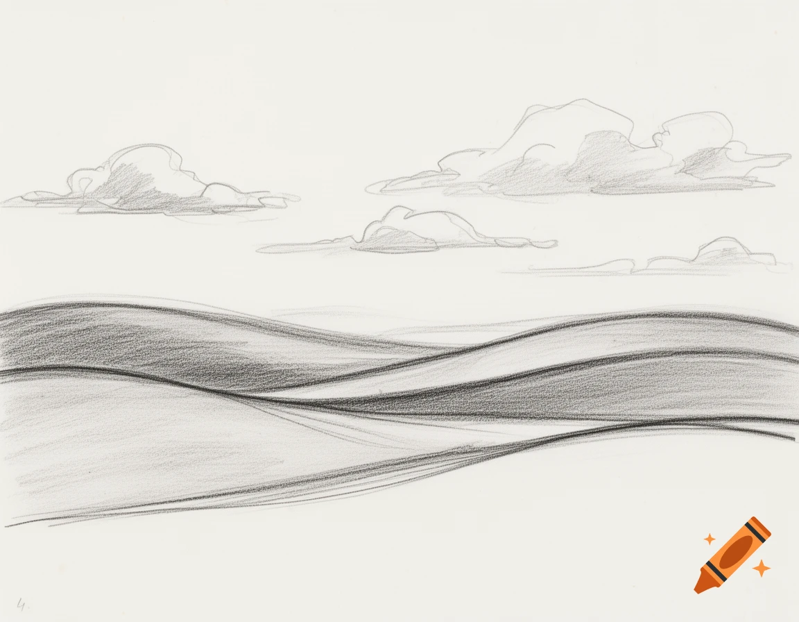 A simple pencil sketch of rolling hills under a cloudy sky.