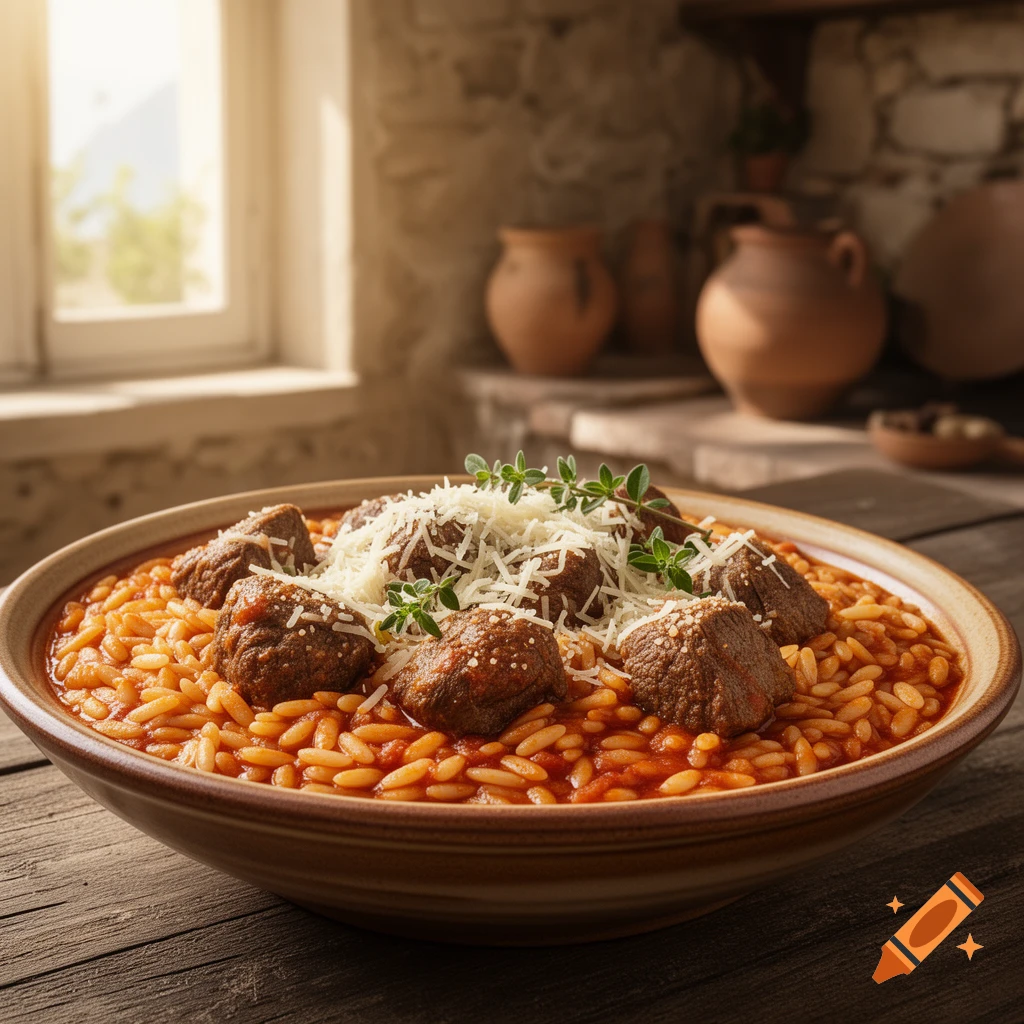 A photorealistic bowl of Giouvetsi, with orzo pasta, meatballs, grated cheese, and herbs in a rustic kitchen setting.
