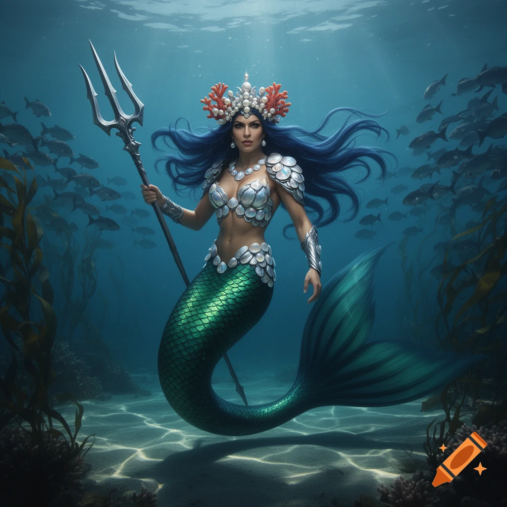 A fierce photorealistic mermaid warrior with blue hair and a green tail, wearing a shell bra and coral crown, holds a trident underwater.
