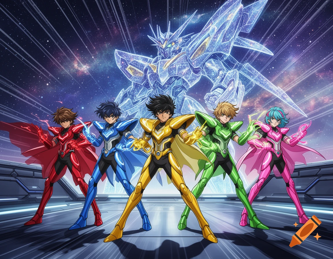 Five anime-style heroes in colorful armored suits stand on a futuristic platform with a glowing crystal mecha in a starry cosmic background.