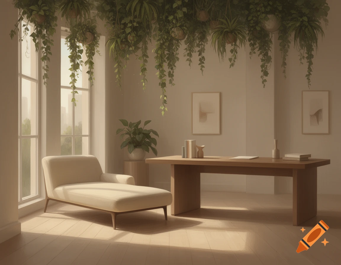 A brightly lit, cozy, minimalist therapy office with large windows, a chaise lounge, a wooden desk, and abundant hanging plants.