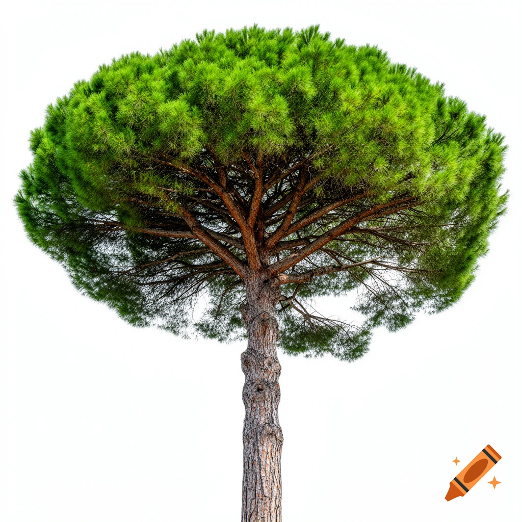 A large, photorealistic Italian stone pine tree with a wide, flat-topped green canopy and a textured brown trunk, isolated on a white background.