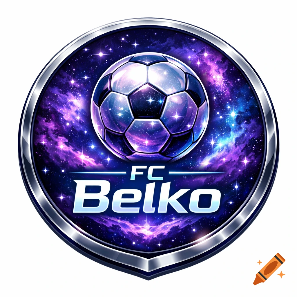 A metallic soccer club badge with a galaxy background of purple and blue stars, featuring a shiny football and 'FC Belko' text.