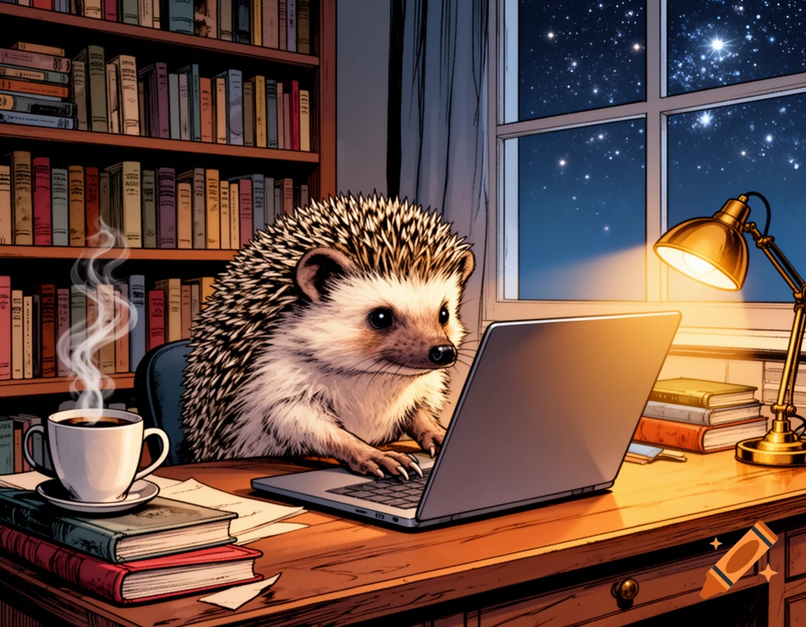 A cute, anthropomorphic hedgehog in a comic book style illustration, focused on a laptop at a wooden desk with coffee, books, and a lamp. A starry night sky is visible through a window.