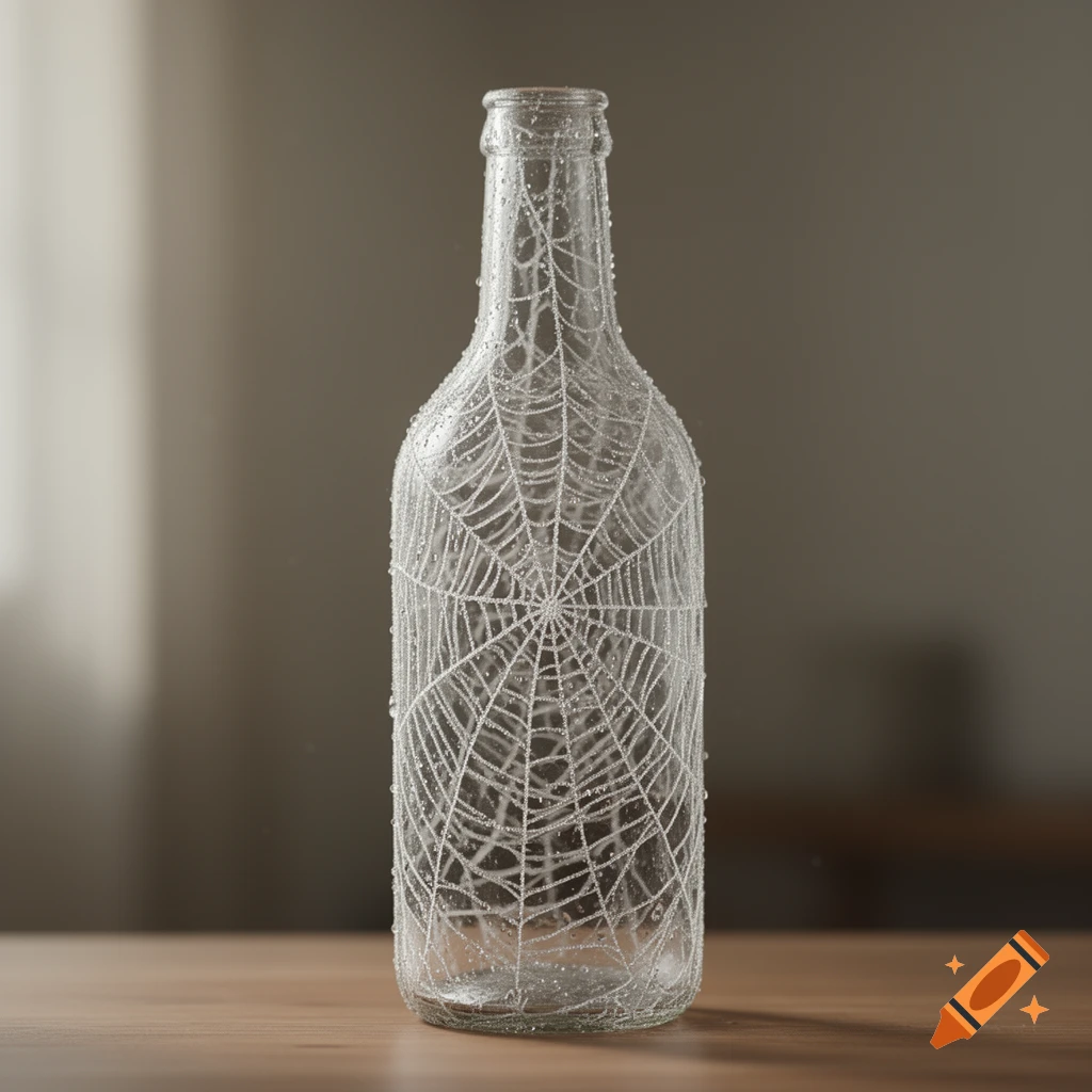 A clear glass bottle adorned with a white spiderweb pattern and condensation, resting on a wooden surface.