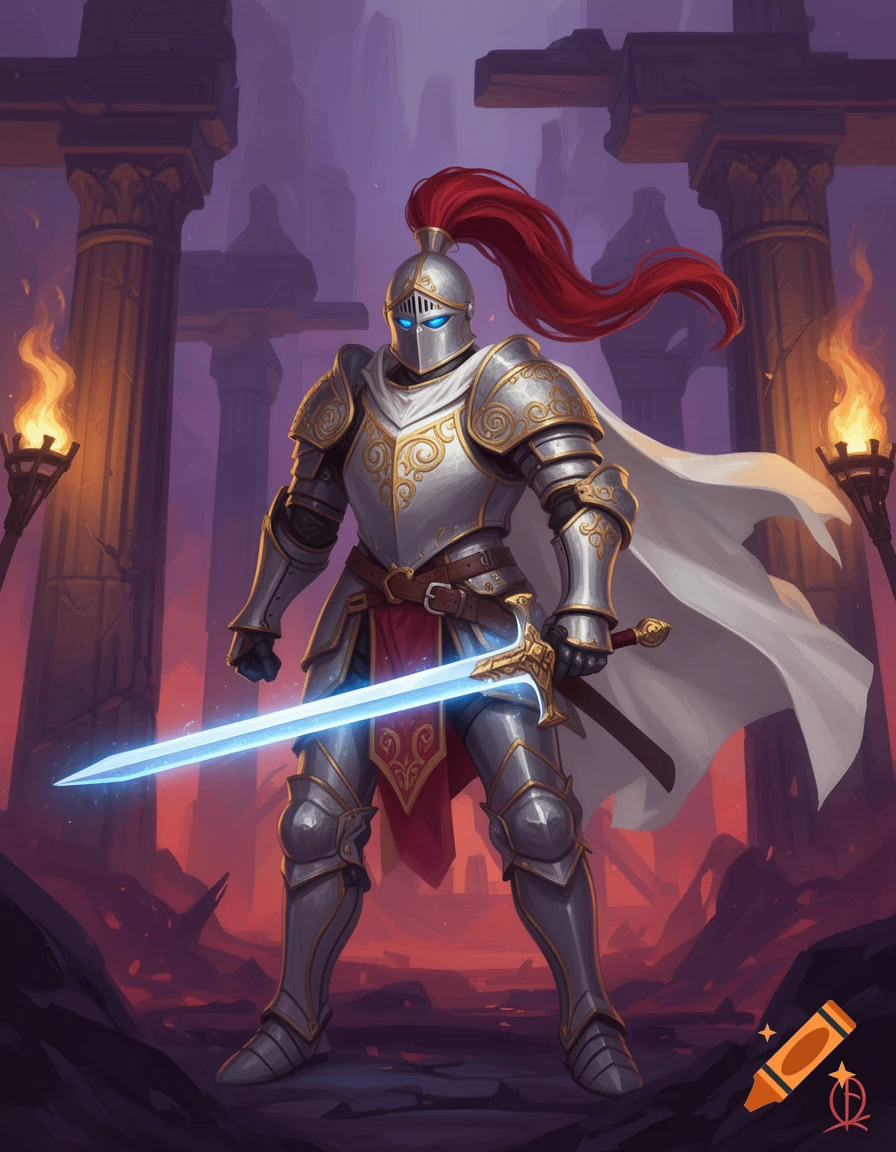 A heroic white knight in ornate armor with a red plume holds a glowing blue sword in a ruined temple. Digital art.