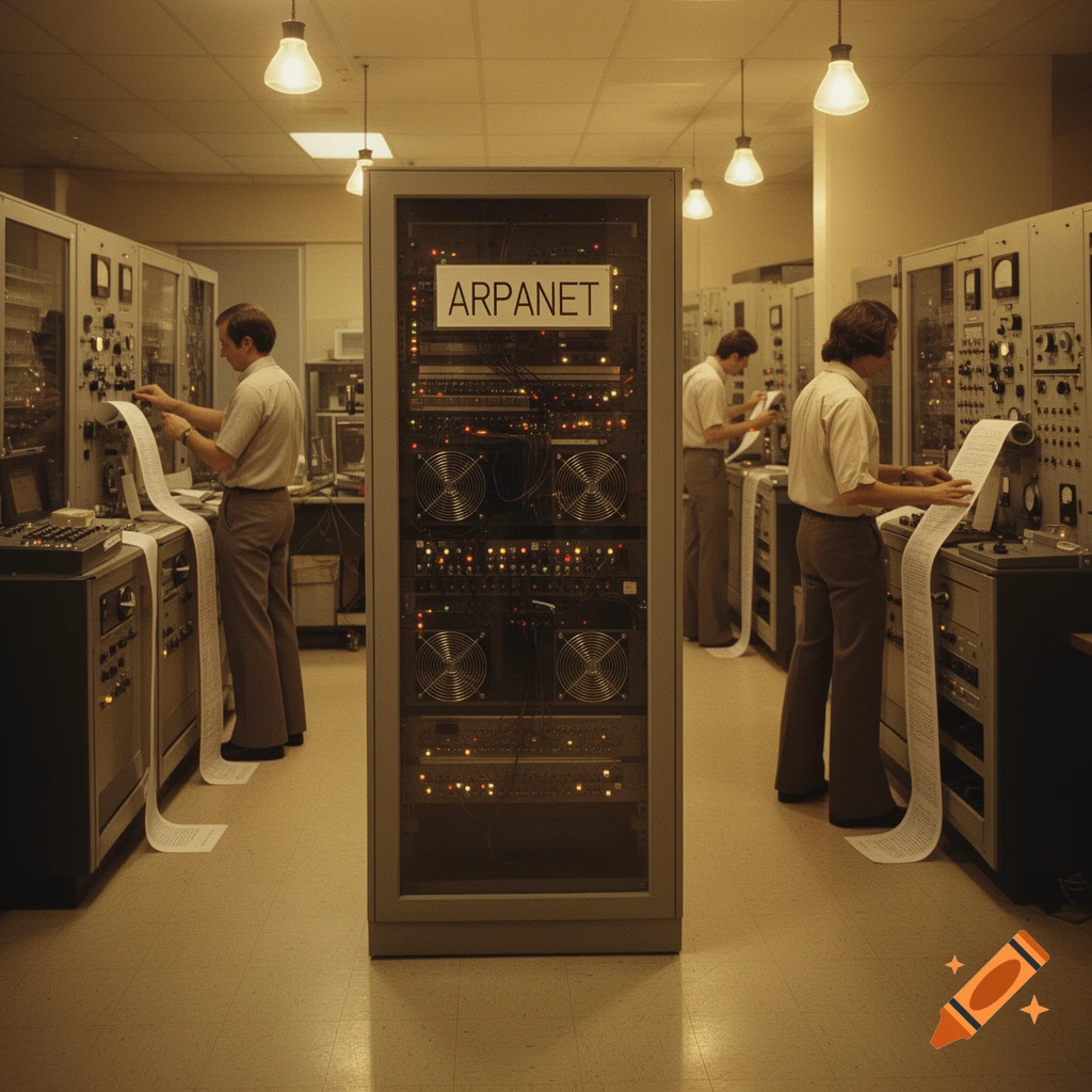 Three men work on vintage ARPANET computers with long paper printouts in a sepia-toned server room.