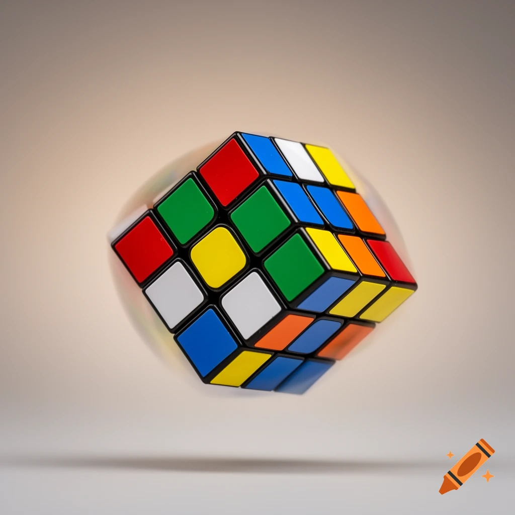 A colorful Rubik's cube suspended in mid-air, appearing in motion against a soft, light brown gradient background.
