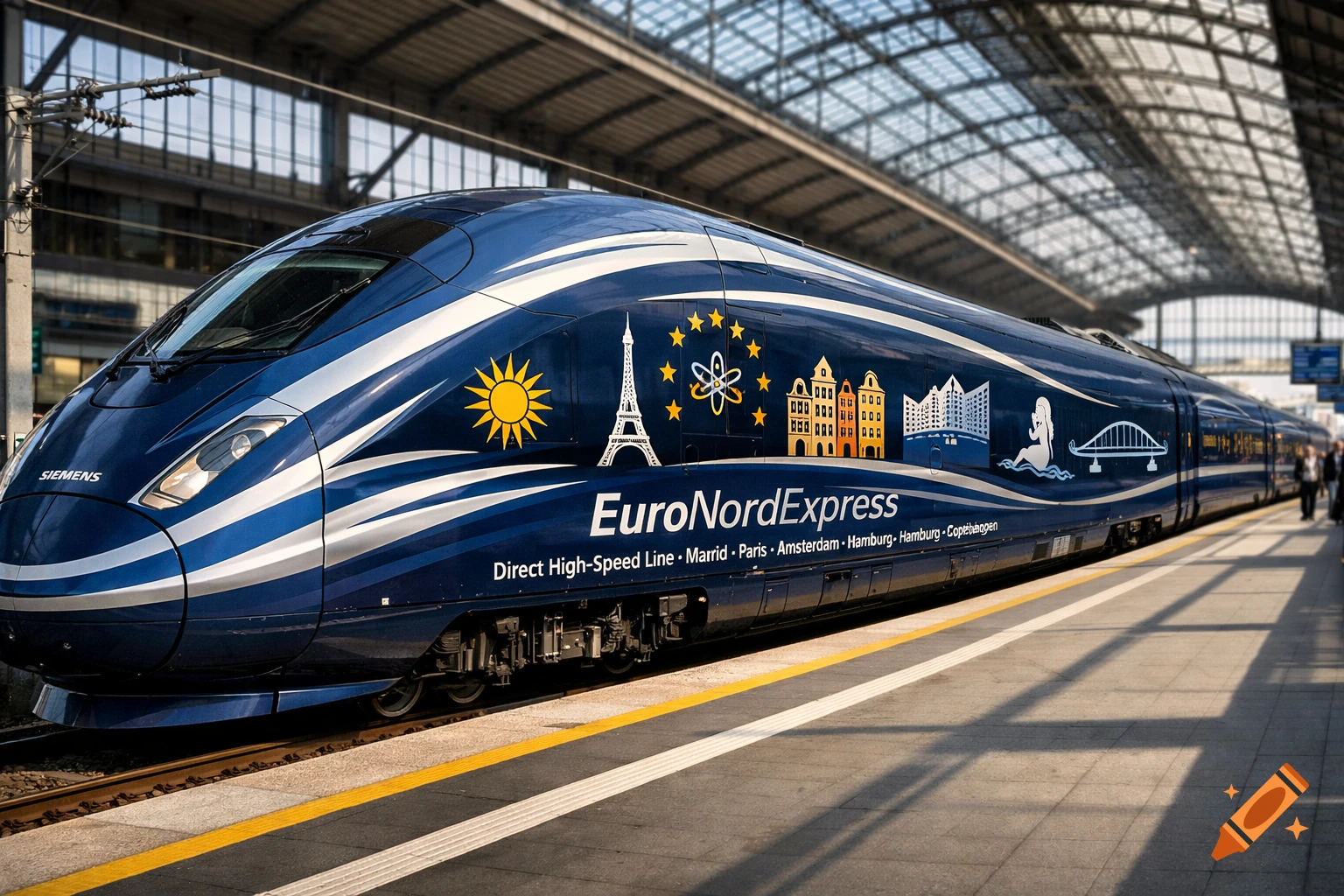 A modern, blue Siemens Velaro high-speed train with white and silver lines, adorned with symbols of European cities and "EuroNordExpress" text, stands at a bright station platform.
