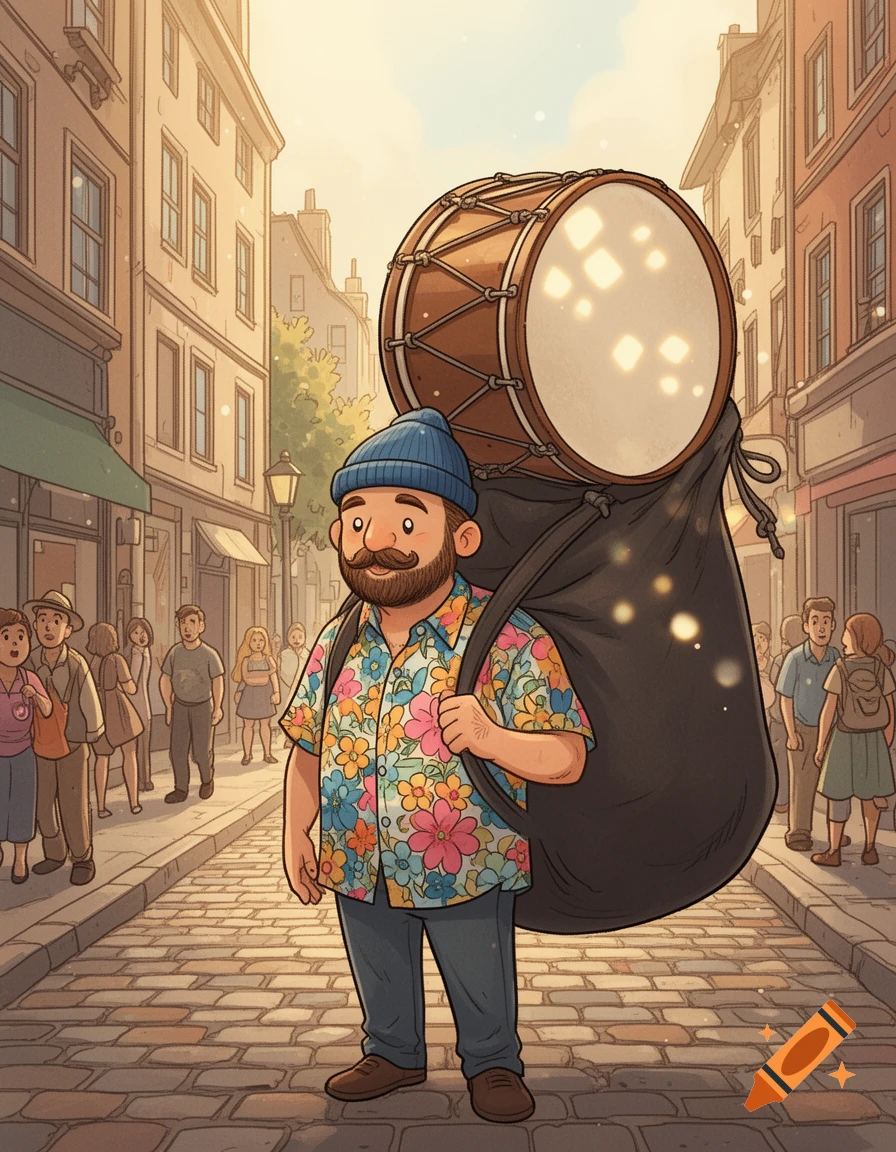 Cartoon man with beard, blue beanie, floral shirt carrying a huge drum in a black bag on a bustling cobblestone street.