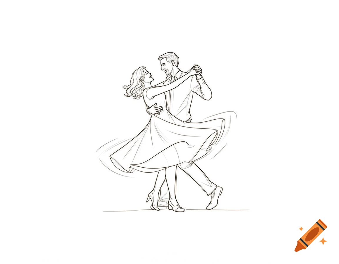 A simple line art illustration of a man and woman ballroom dancing, with the woman's dress flowing as they turn.