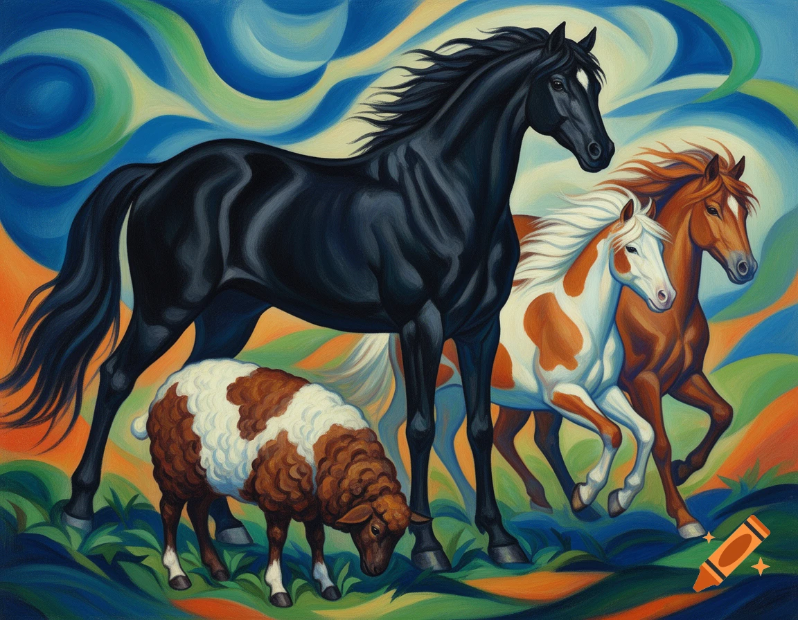 A stylized painting in the expressionist style of Franz Marc, featuring a black horse, two other horses, and a spotted sheep in a vibrant, wavy landscape.
