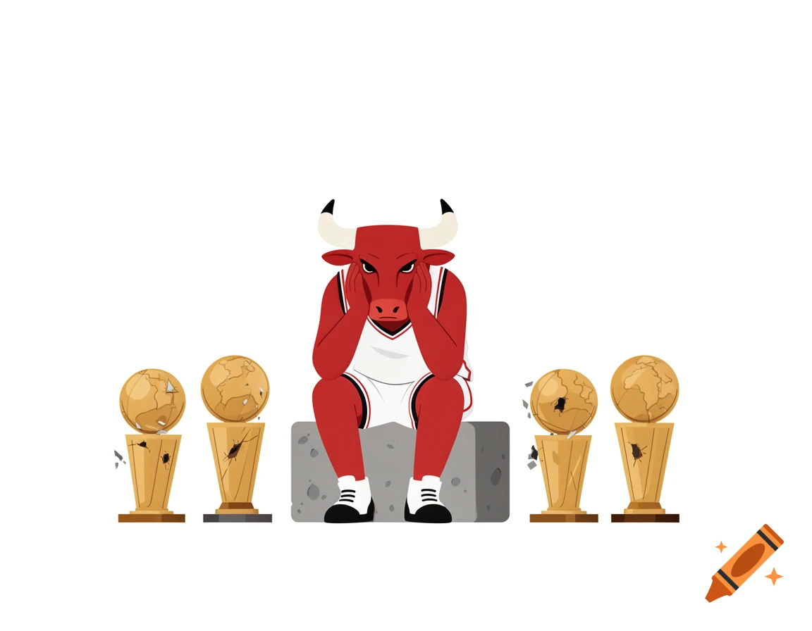 Minimalist flat illustration of Benny the Bull, the Chicago Bulls mascot, sitting sadly with broken NBA trophies.