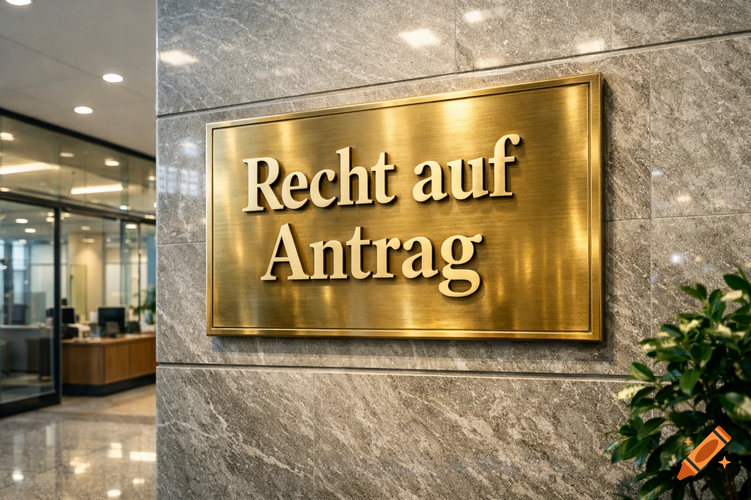 A shiny bronze plaque reading 'Recht auf Antrag' on a grey marble wall in a modern office.