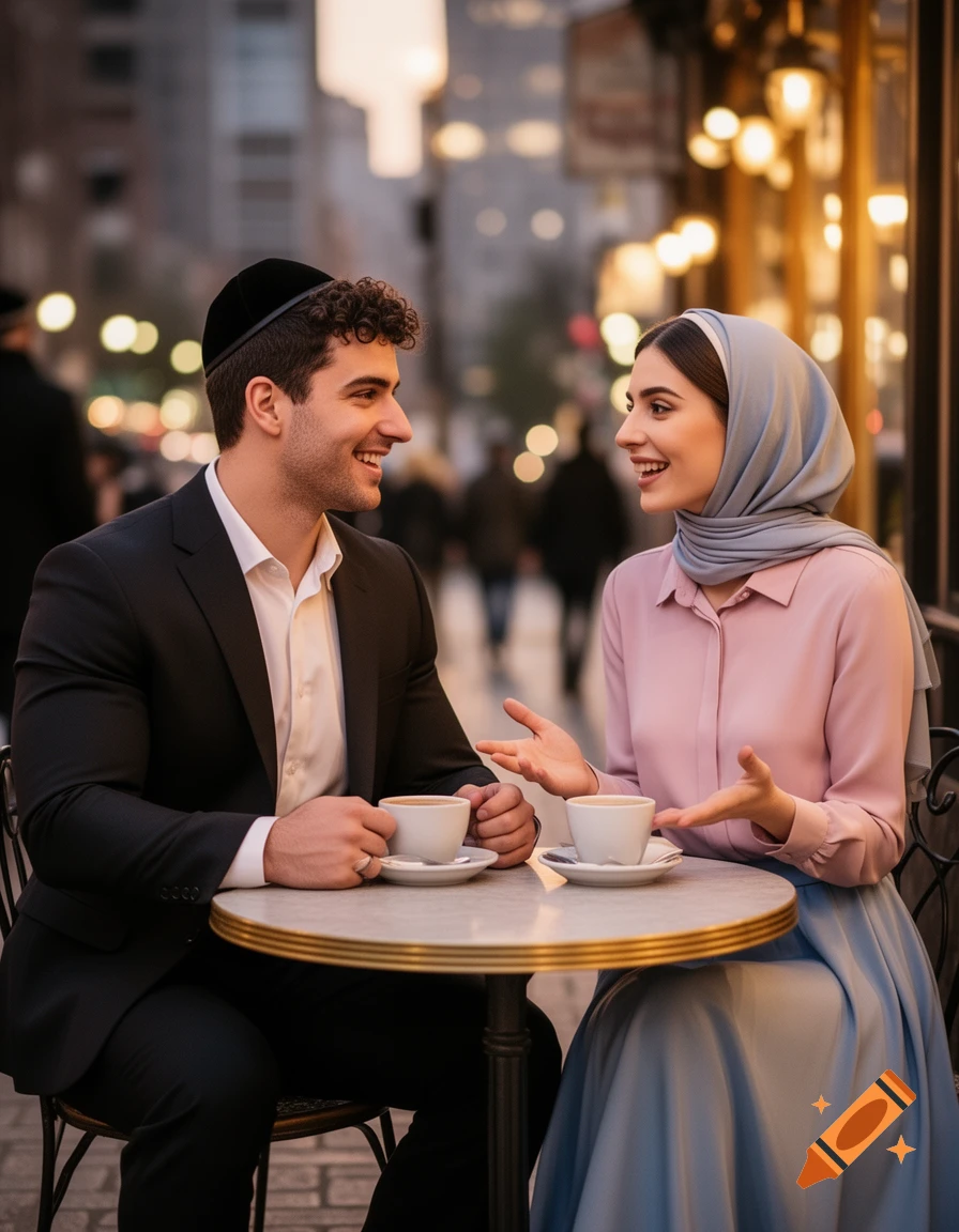A man in a yarmulke and a woman in a hijab smiling and talking over coffee at an outdoor cafe.
