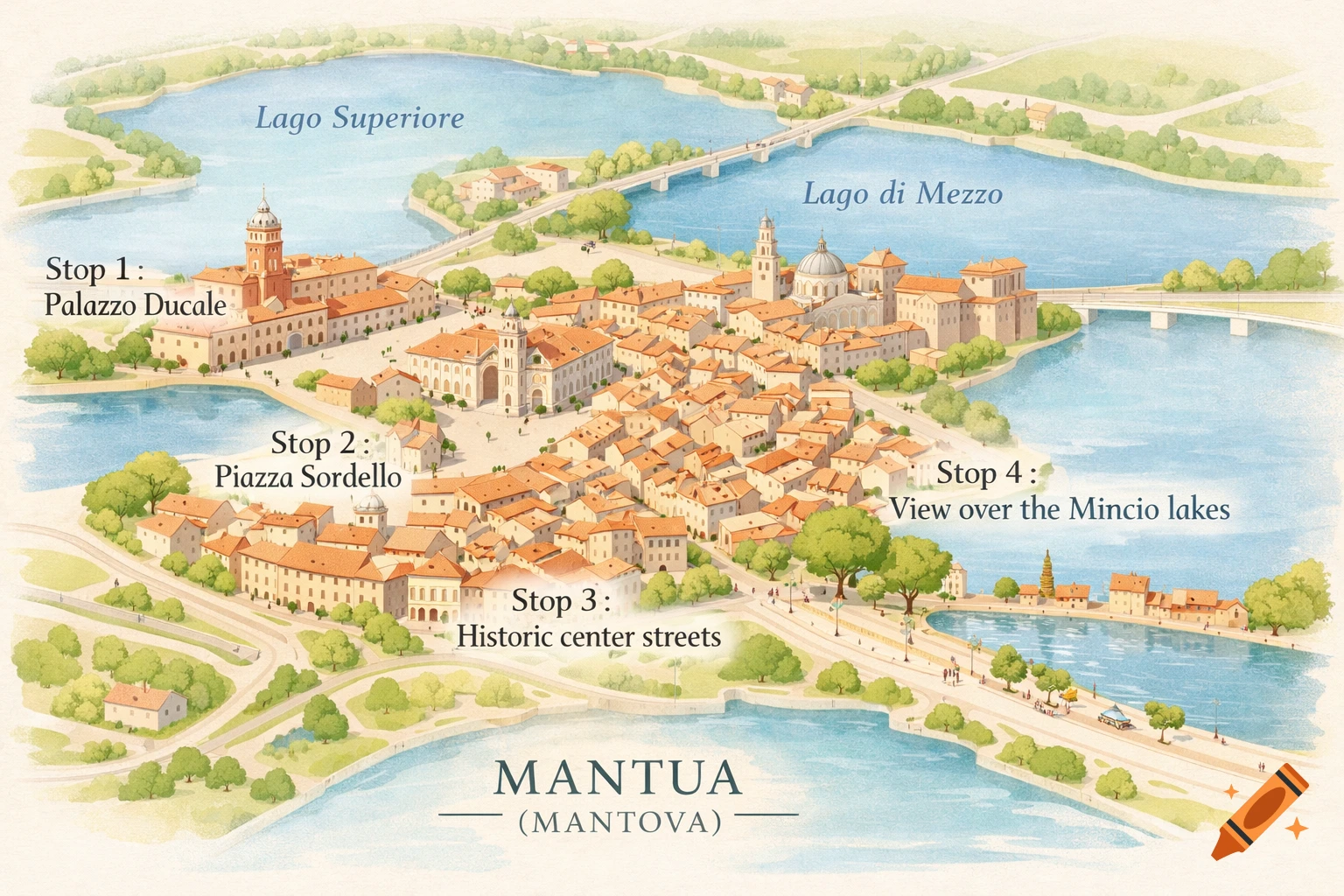 Watercolor illustration of a city map, Mantua (Mantova), Italy, surrounded by Lago Superiore and Lago di Mezzo. Key landmarks and streets are labeled.