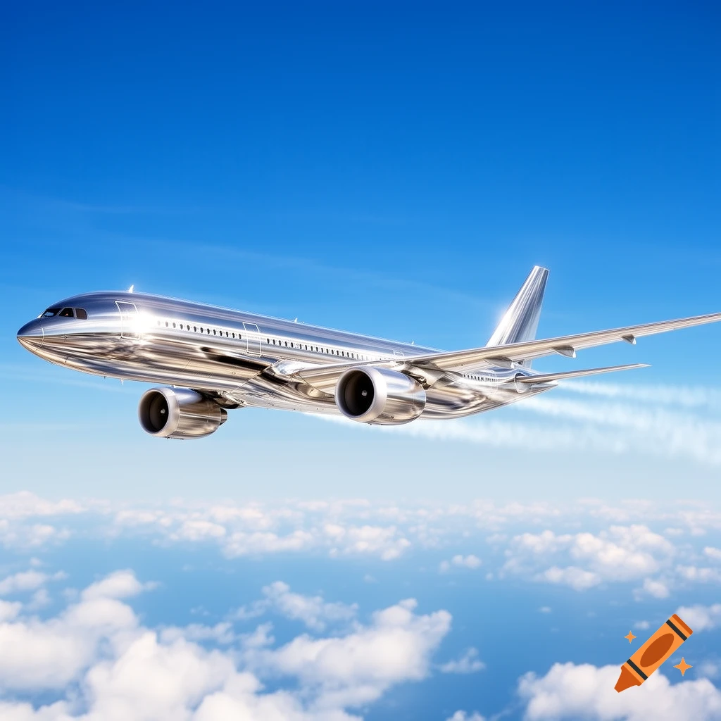 A photorealistic chrome jet airplane flies above white clouds under a clear blue sky.