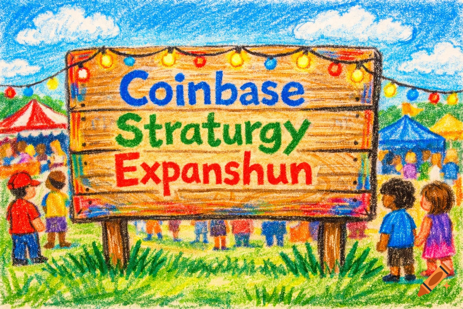 Crayon drawing of a wooden sign at a fair, reading 'Coinbase Straturgy Expanshun', with children and tents in the background.